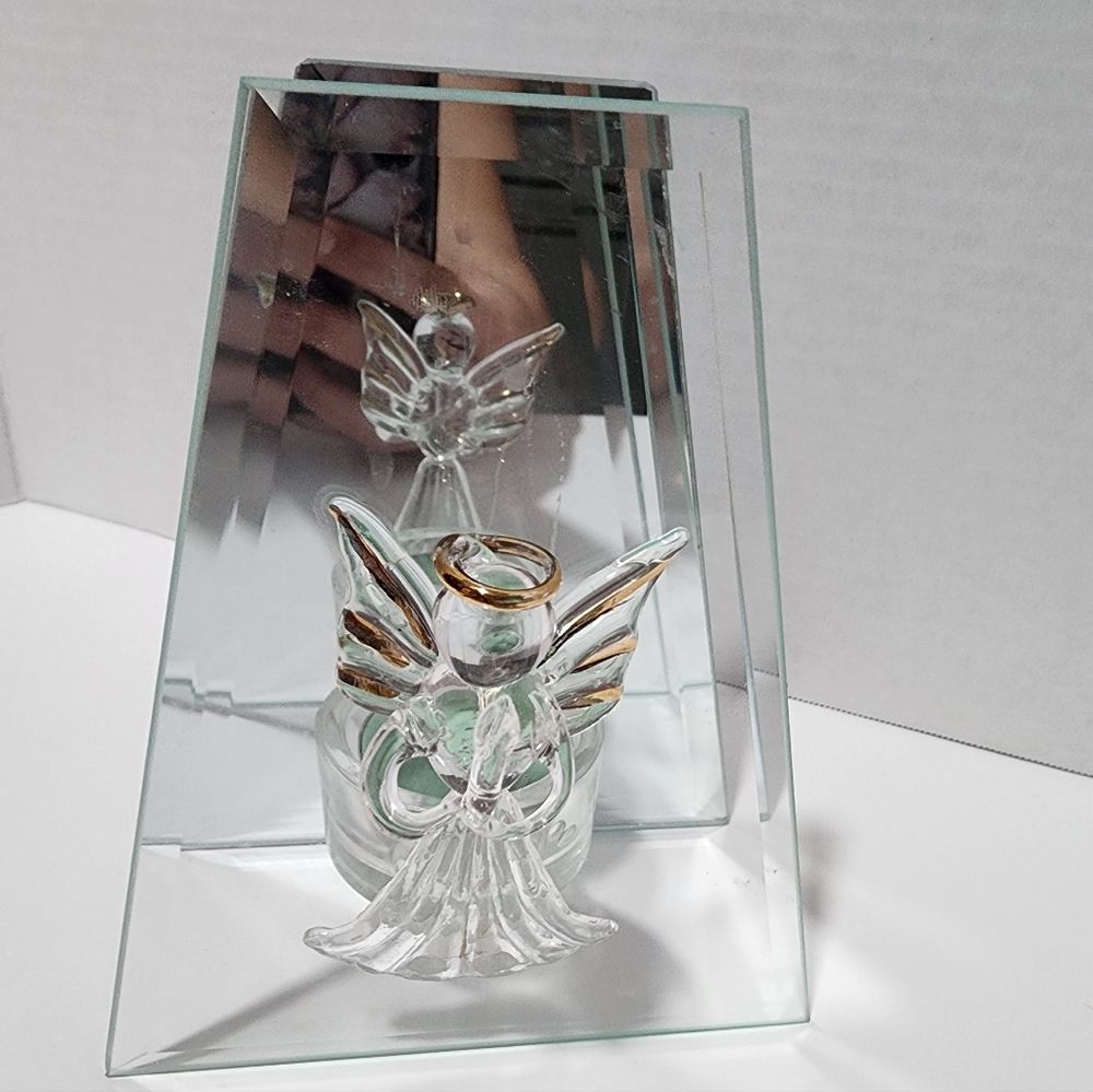 Votive Candle Holder Floating Angel Beveled Mirror  Blown Glass Home Decor